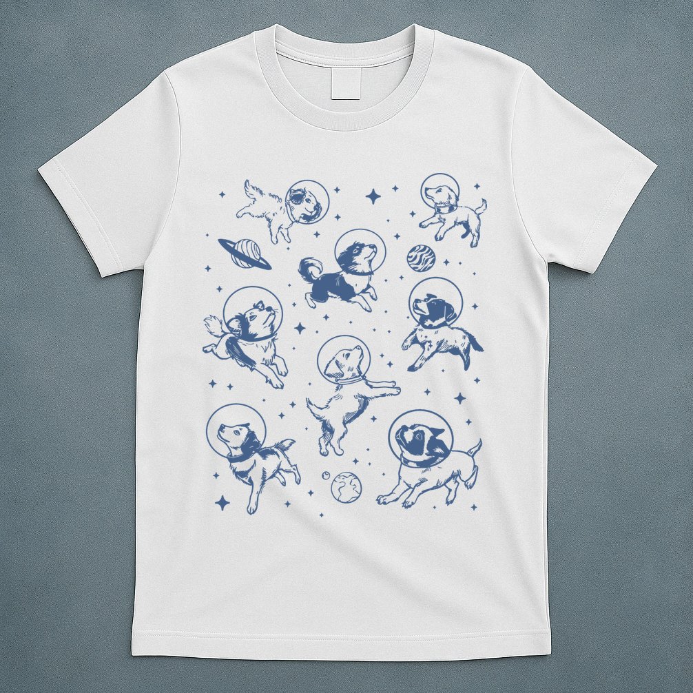 Retro Dogs In Space Funny Galaxy T-Shirt