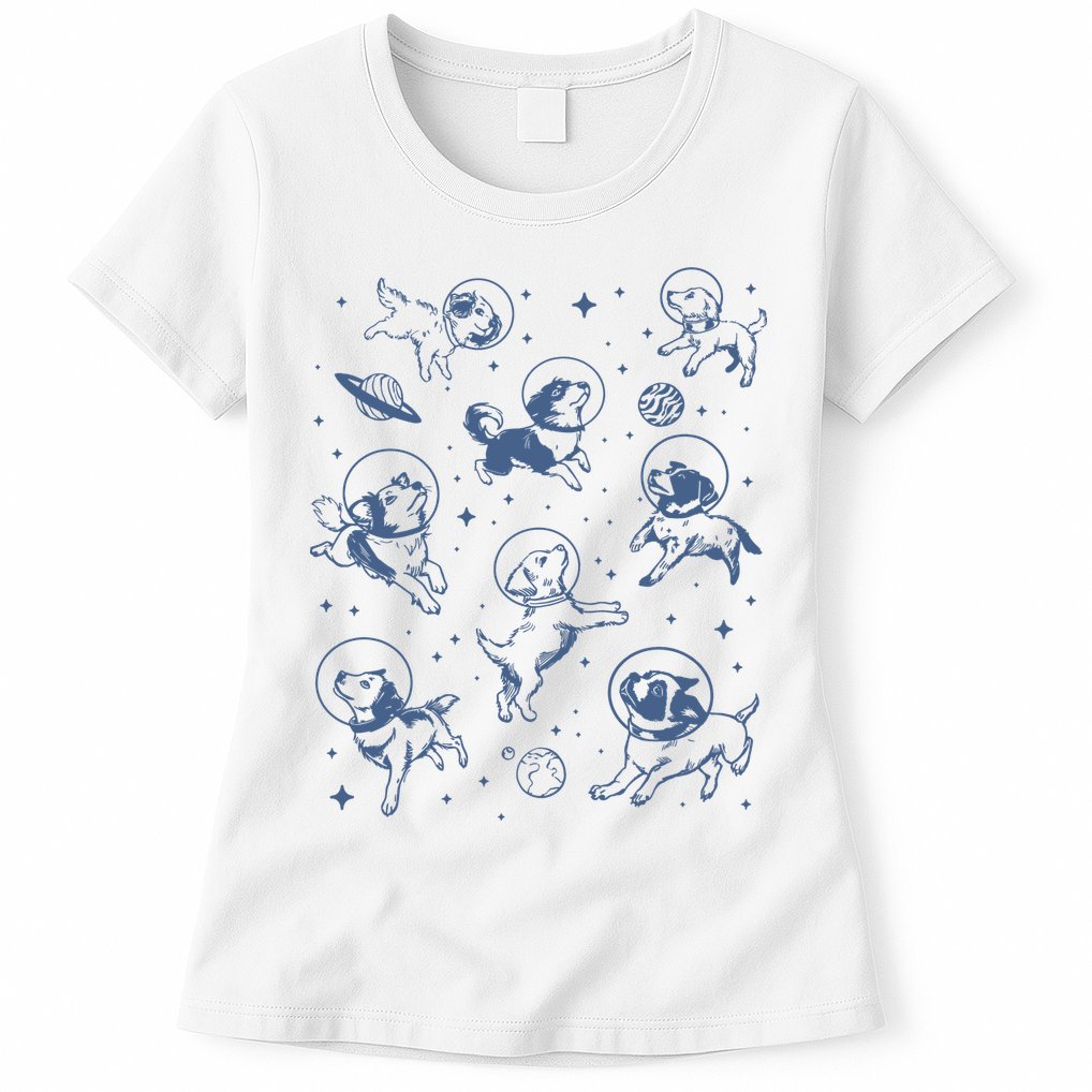 Retro Dogs In Space Funny Galaxy Womens T-Shirt