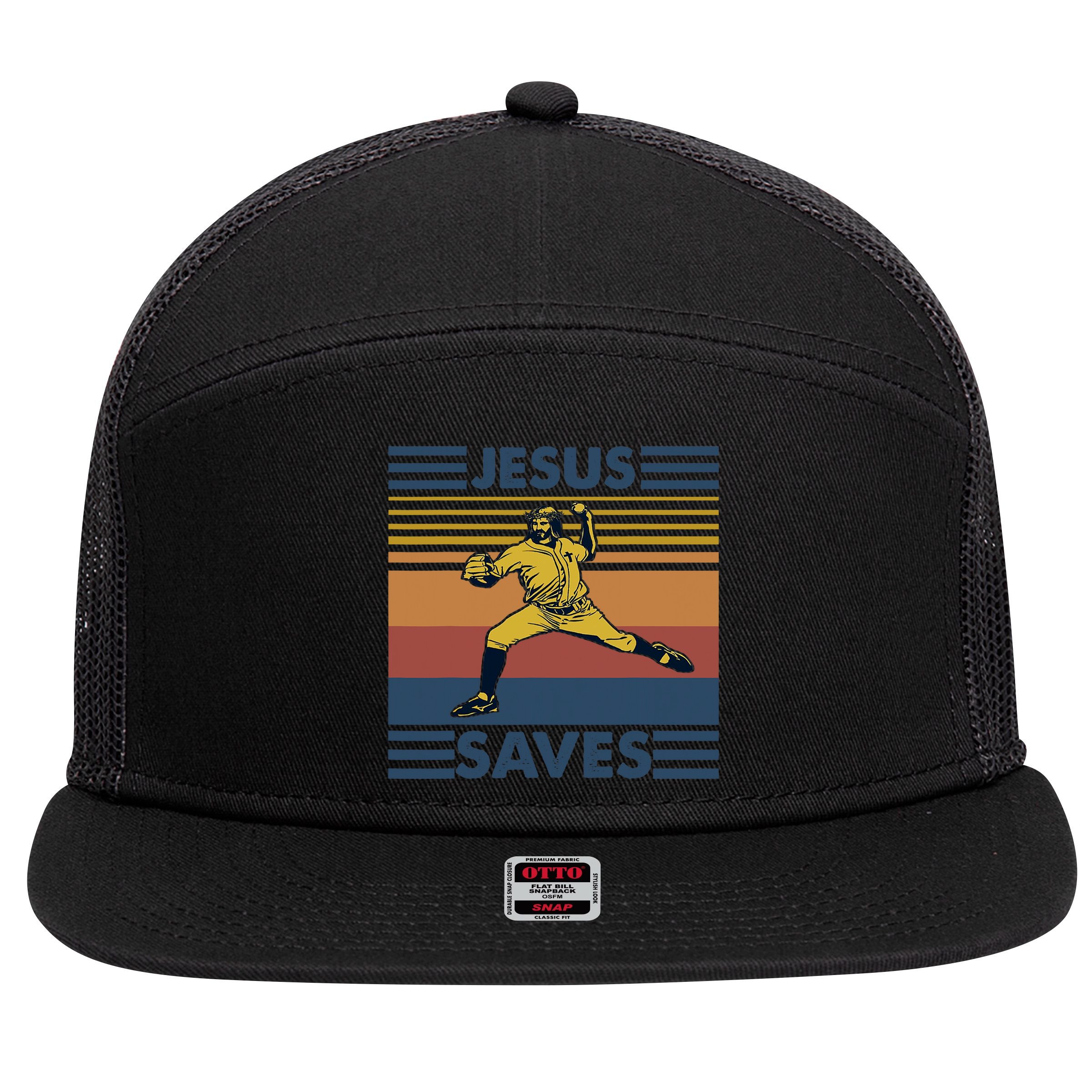 Retro Distressed Jesus Saves Baseball 7 Panel Mesh Trucker Snapback Hat