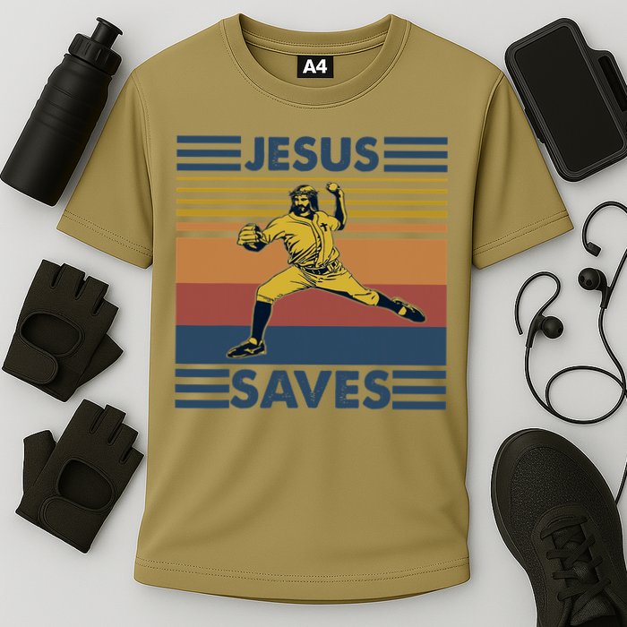Retro Distressed Jesus Saves Baseball Cooling Performance Crew T-Shirt
