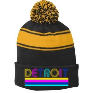 Retro Detroit Logo Stripe Pom Pom Beanie