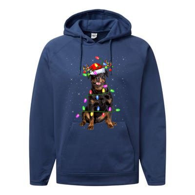 Rottweiler Dog Lover Xmas Lights Santa Rottweiler Christmas Gift Performance Fleece Hoodie