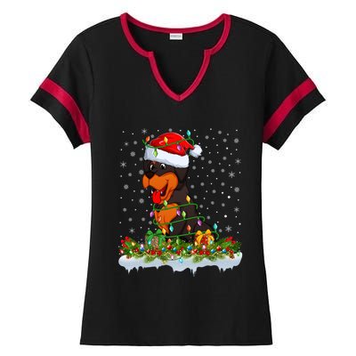 Rottweiler Dog Lover Xmas Lights Santa Rottweiler Christmas Cute Gift Ladies Halftime Notch Neck Tee