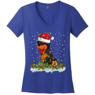 Rottweiler Dog Lover Xmas Lights Santa Rottweiler Christmas Cute Gift Women's V-Neck T-Shirt