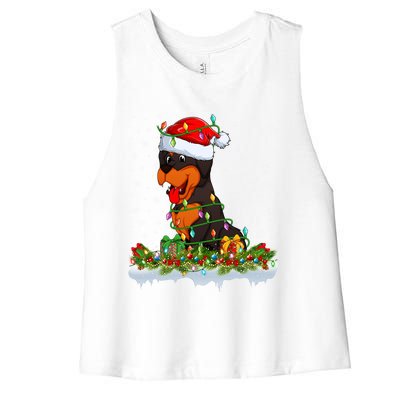 Rottweiler Dog Lover Xmas Lights Santa Rottweiler Christmas Cute Gift Women's Racerback Cropped Tank