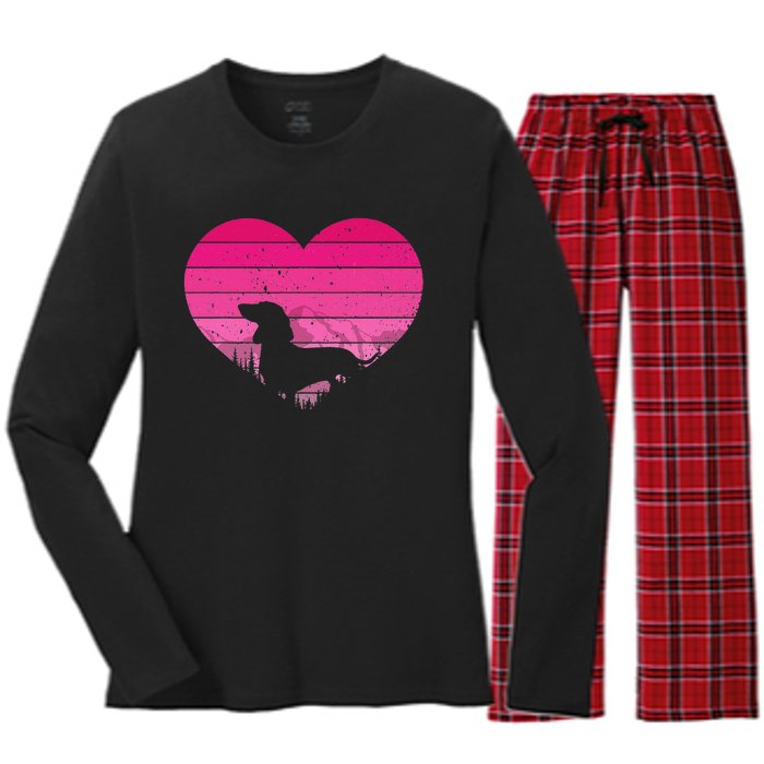 Retro Dachshund Lovers Vintage Heart Women's Long Sleeve Flannel Pajama Set 