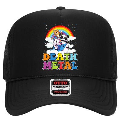 Retro Death Metal Cat Rainbow Unicorn Funny Heavy Metal High Crown Mesh Back Trucker Hat