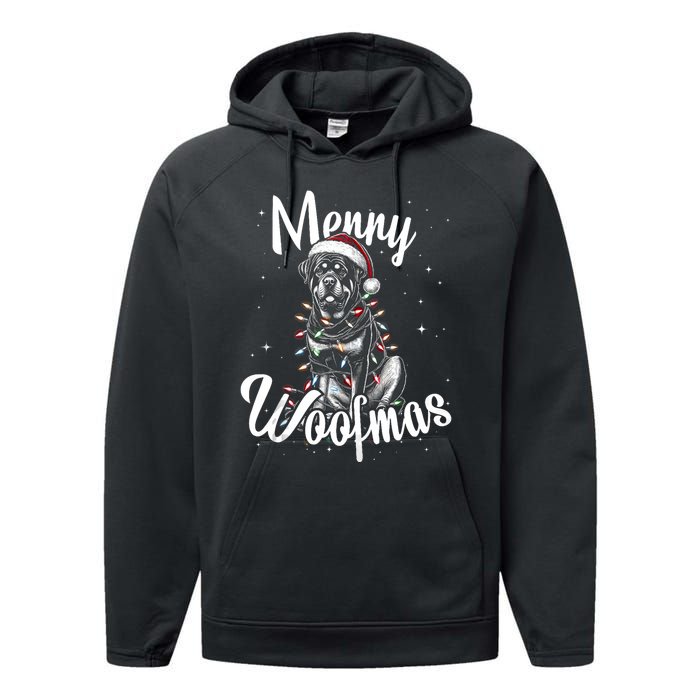 Rottweiler Dog Merry Woofmas Christmas Lights Santa Hat Tank Top Performance Fleece Hoodie