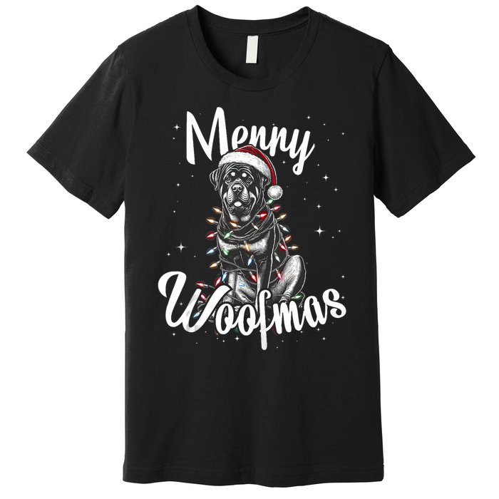 Rottweiler Dog Merry Woofmas Christmas Lights Santa Hat Tank Top Premium T-Shirt