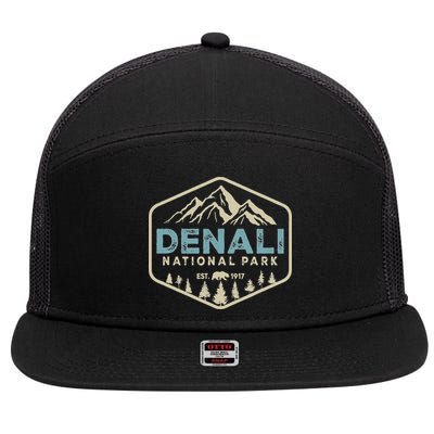 Retro Denali National Park Mountains Nature Vintage Hiking 7 Panel Mesh Trucker Snapback Hat