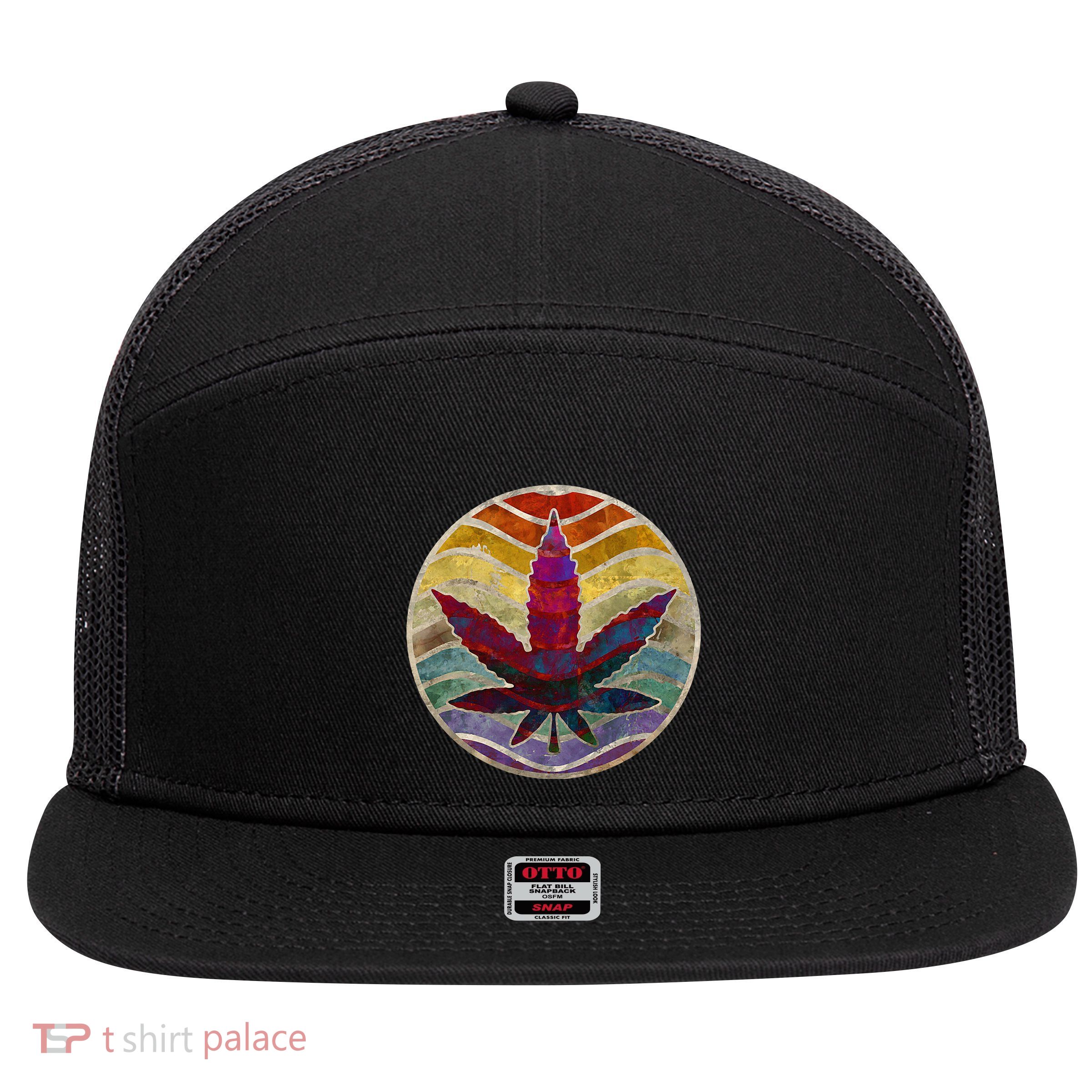 Retro Design Of Marijuana Leaf. Cannabis Weed. 7 Panel Mesh Trucker Snapback Hat