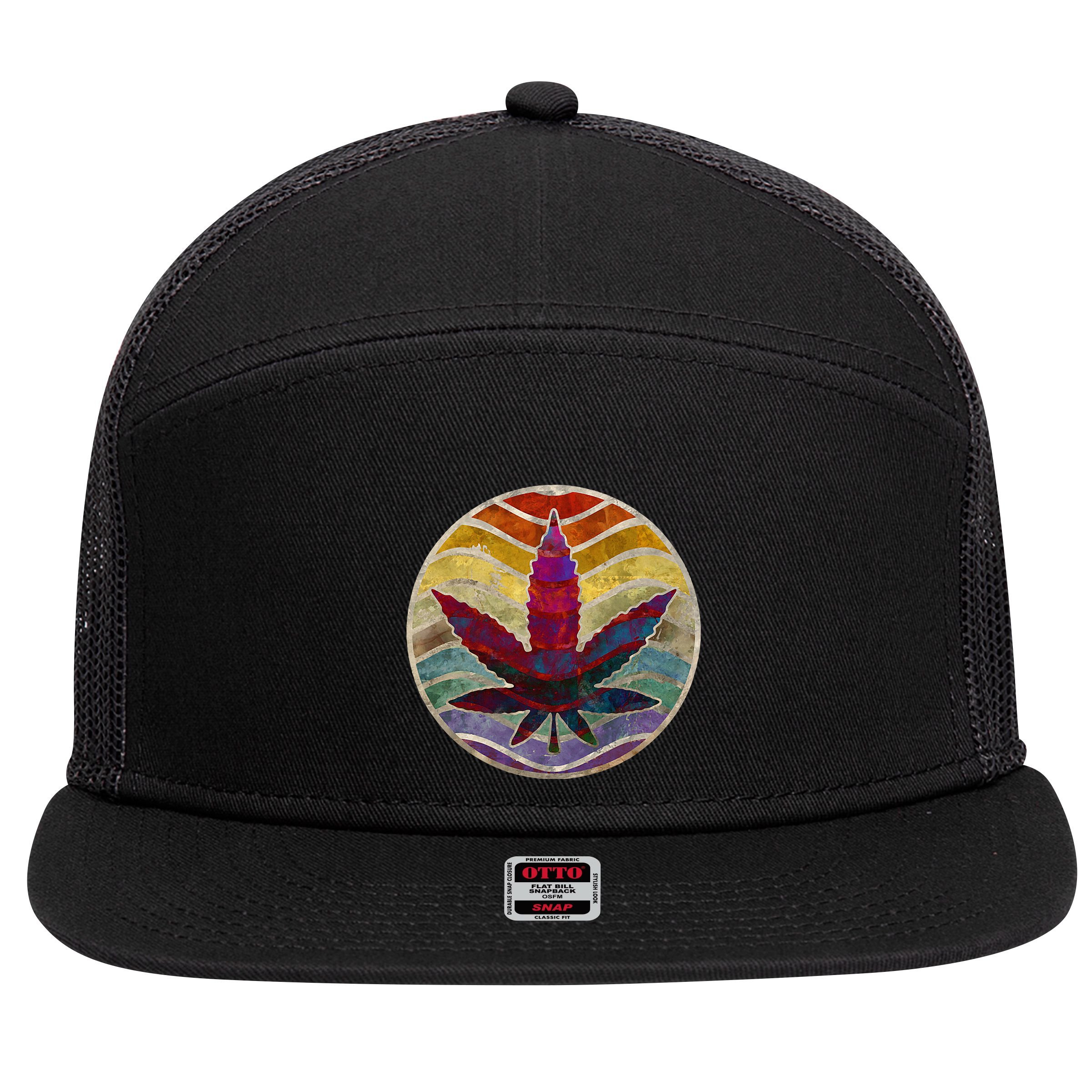 Retro Design Of Marijuana Leaf. Cannabis Weed. 7 Panel Mesh Trucker Snapback Hat