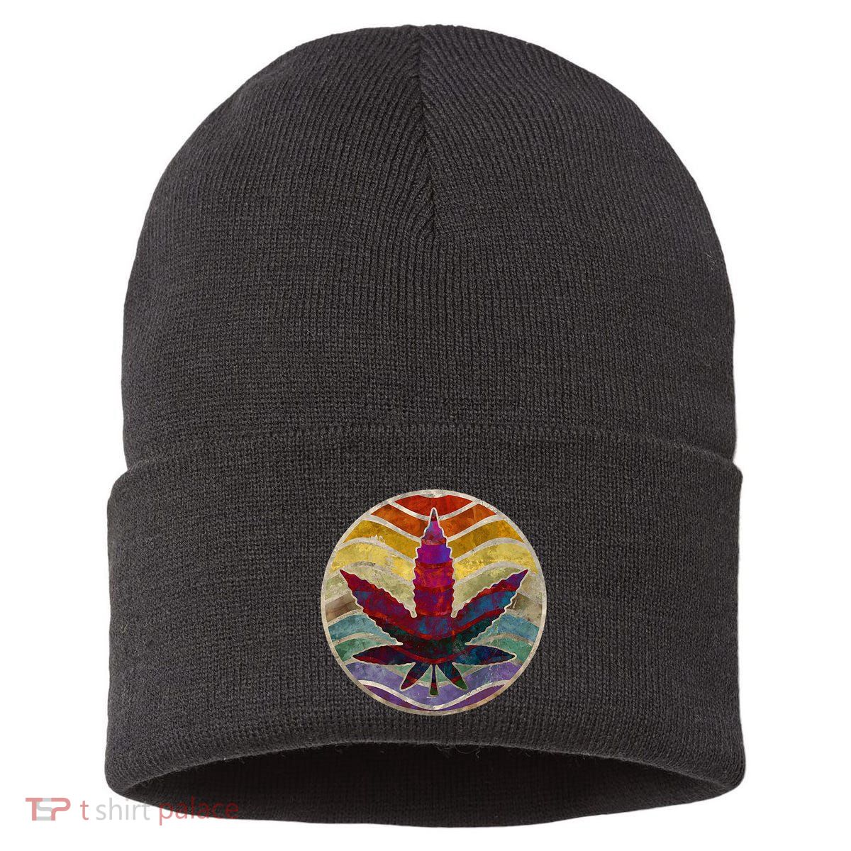 Retro Design Of Marijuana Leaf. Cannabis Weed. Sustainable Knit Beanie
