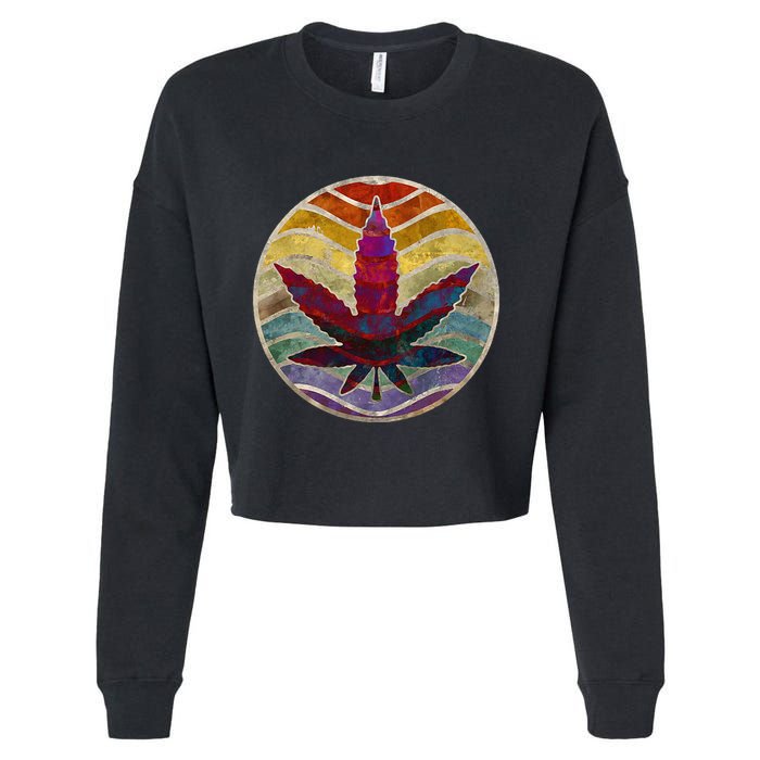 Retro Design Of Marijuana Leaf. Cannabis Weed. Cropped Pullover Crew