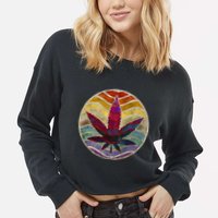 Retro Design Of Marijuana Leaf. Cannabis Weed. Cropped Pullover Crew