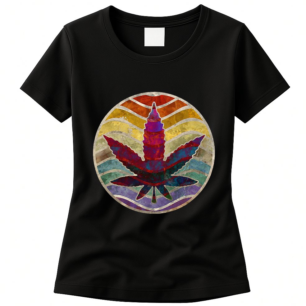 Retro Design Of Marijuana Leaf. Cannabis Weed. Womens T-Shirt