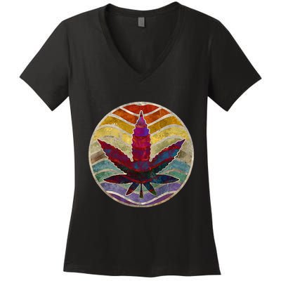 Retro Design Of Marijuana Leaf. Cannabis Weed. Women's V-Neck T-Shirt