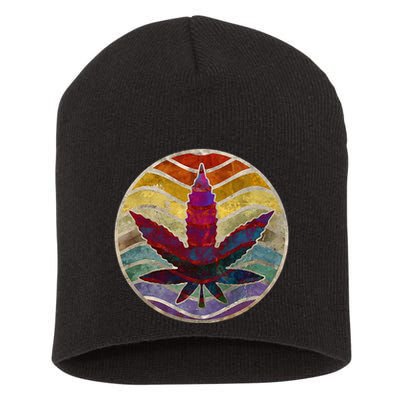 Retro Design Of Marijuana Leaf. Cannabis Weed. Short Acrylic Beanie
