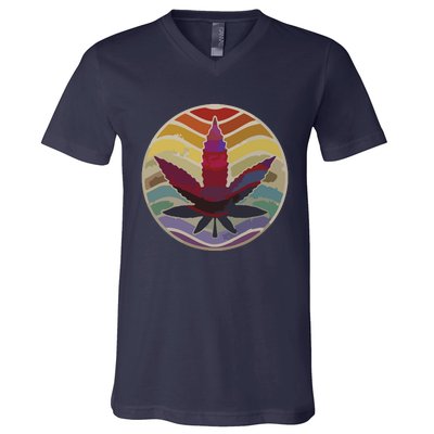 Retro Design Of Marijuana Leaf, Cannabis Weed V-Neck T-Shirt