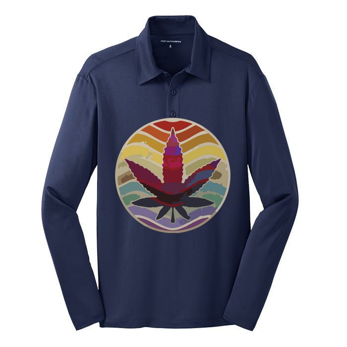 Retro Design Of Marijuana Leaf, Cannabis Weed Silk Touch Performance Long Sleeve Polo