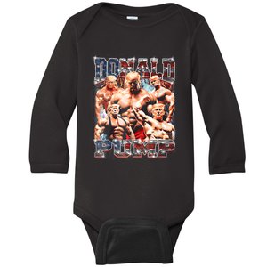 Retro Donald Pump Gym Collage Photo Meme Funny Trump Baby Long Sleeve Bodysuit