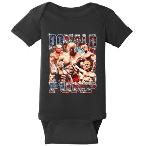 Retro Donald Pump Gym Collage Photo Meme Funny Trump Baby Bodysuit