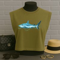 Retro Digital Polygon Shark Garment-Dyed Women's Muscle Tee