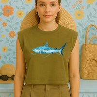 Retro Digital Polygon Shark Garment-Dyed Women's Muscle Tee