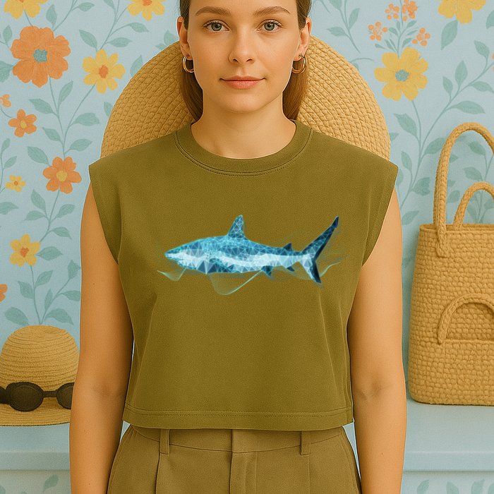 Retro Digital Polygon Shark Garment-Dyed Women's Muscle Tee