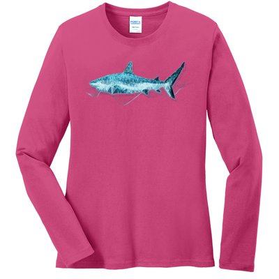 Retro Digital Polygon Shark Ladies Long Sleeve Shirt