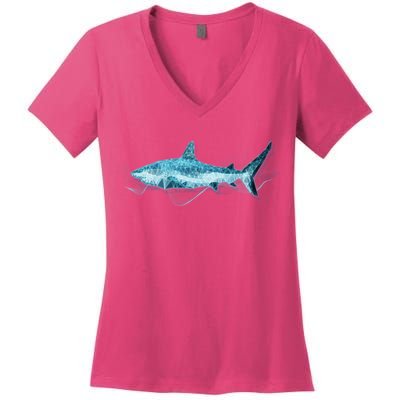 Retro Digital Polygon Shark Women's V-Neck T-Shirt