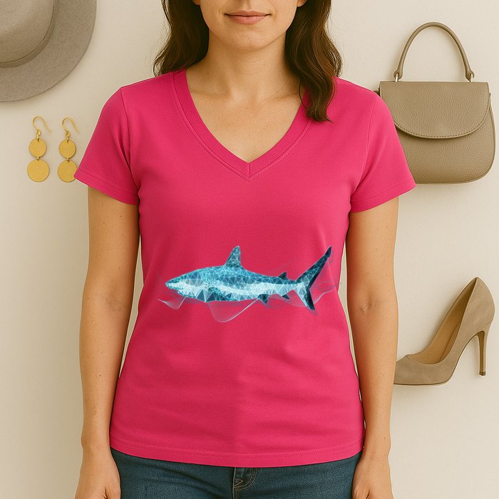 Retro Digital Polygon Shark Women's V-Neck T-Shirt