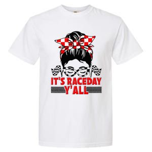 Race Day Ready Checkered Flag Racing Messy Bun Headband Garment-Dyed Heavyweight T-Shirt