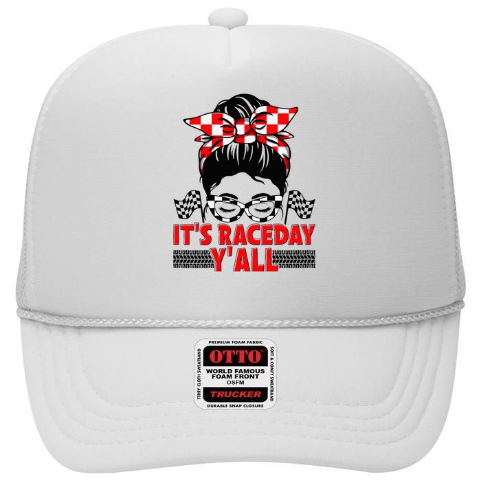 Race Day Ready Checkered Flag Racing Messy Bun Headband High Crown Mesh Back Trucker Hat