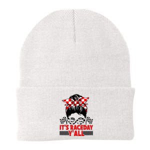 Race Day Ready Checkered Flag Racing Messy Bun Headband Knit Cap Winter Beanie