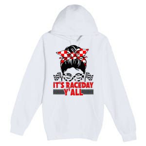 Race Day Ready Checkered Flag Racing Messy Bun Headband Premium Pullover Hoodie