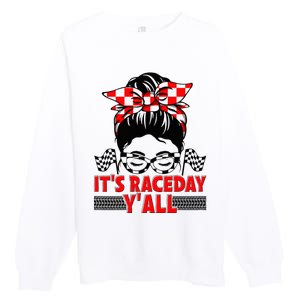 Race Day Ready Checkered Flag Racing Messy Bun Headband Premium Crewneck Sweatshirt