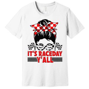 Race Day Ready Checkered Flag Racing Messy Bun Headband Premium T-Shirt