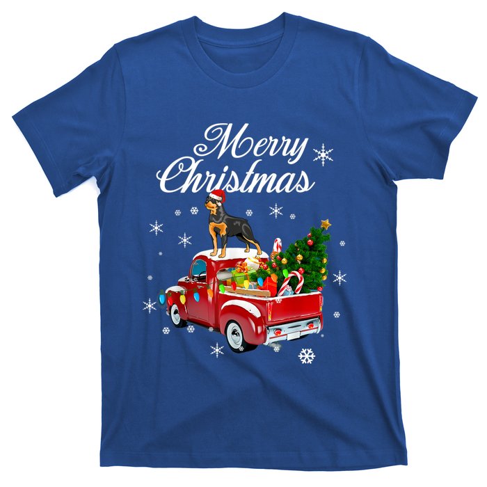 Rottweiler Dog Riding Red Truck Christmas Tree Xmas Dog Funny Gift T-Shirt