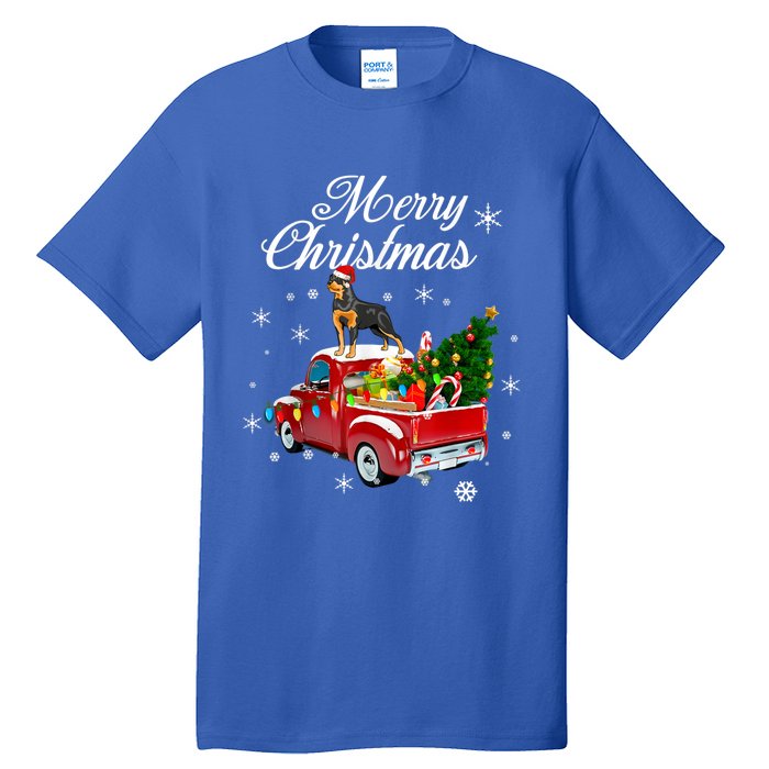 Rottweiler Dog Riding Red Truck Christmas Tree Xmas Dog Funny Gift Tall T-Shirt