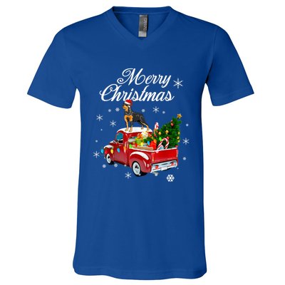 Rottweiler Dog Riding Red Truck Christmas Tree Xmas Dog Funny Gift V-Neck T-Shirt