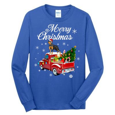 Rottweiler Dog Riding Red Truck Christmas Tree Xmas Dog Funny Gift Tall Long Sleeve T-Shirt