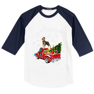 Rottweiler Dog Riding Red Truck Christmas Tree Xmas Dog Funny Gift Baseball Sleeve Shirt