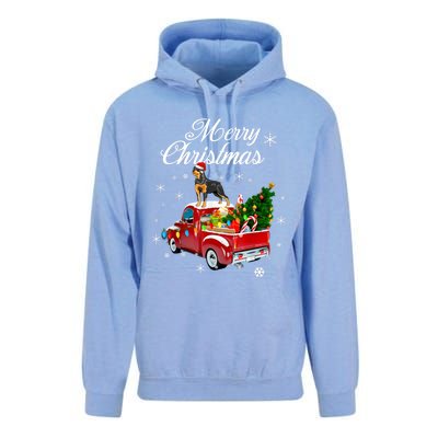 Rottweiler Dog Riding Red Truck Christmas Tree Xmas Dog Funny Gift Unisex Surf Hoodie