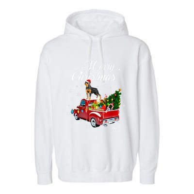 Rottweiler Dog Riding Red Truck Christmas Tree Xmas Dog Funny Gift Garment-Dyed Fleece Hoodie