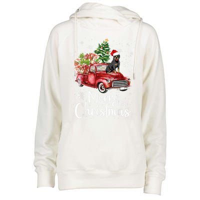 Rottweiler Dog Riding Red Truck Christmas Tree Xmas Dog Cute Gift Womens Funnel Neck Pullover Hood