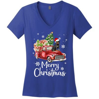 Rottweiler Dog Riding Red Truck Christmas Tree Xmas Dog Cute Gift Women's V-Neck T-Shirt