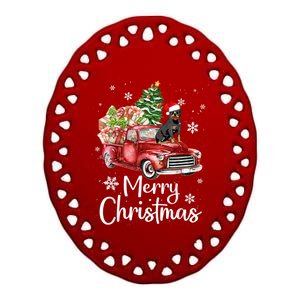 Rottweiler Dog Riding Red Truck Christmas Tree Xmas Dog Cute Gift Ceramic Oval Ornament