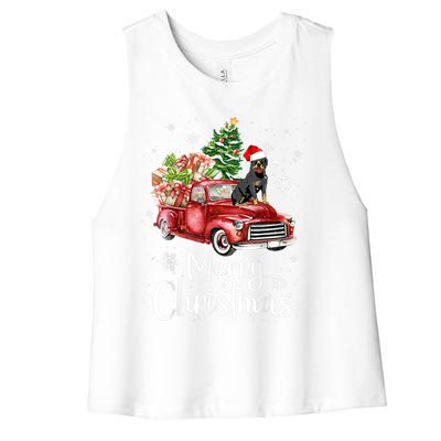 Rottweiler Dog Riding Red Truck Christmas Tree Xmas Dog Cute Gift Women's Racerback Cropped Tank