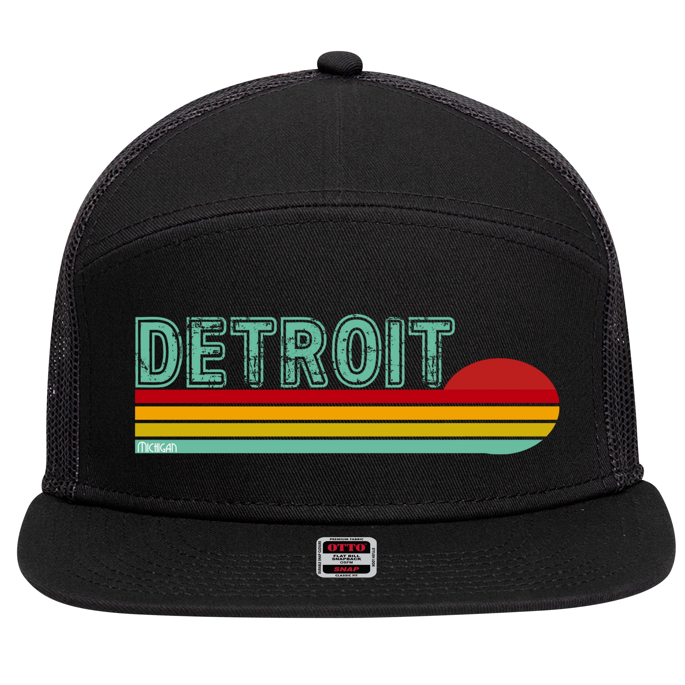 Retro Detroit Sunset Logo 7 Panel Mesh Trucker Snapback Hat